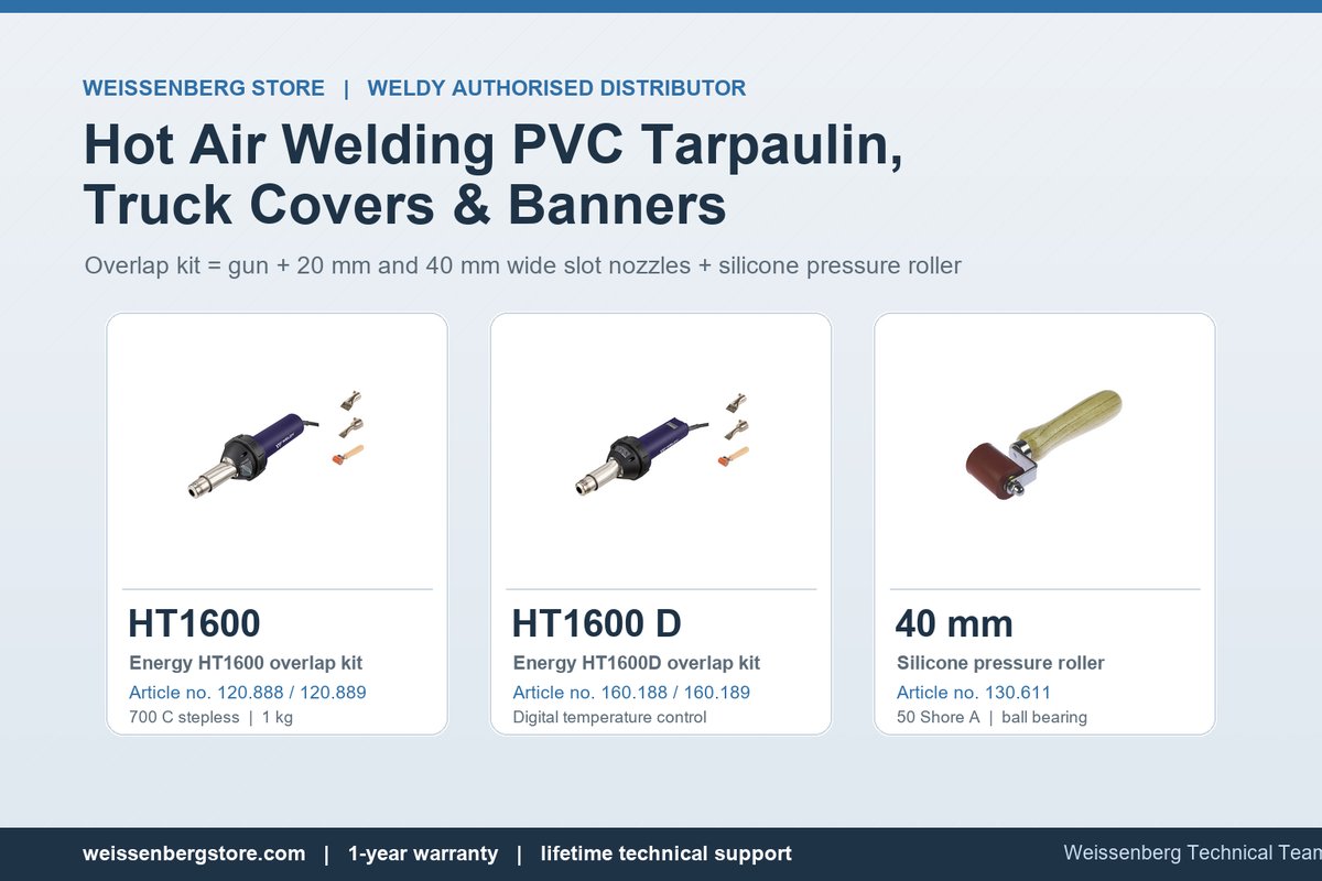 Hot air overlap welding of PVC tarpaulin with a Weldy energy HT1600 overlap kit, wide slot nozzles and a silicone pressure roller
