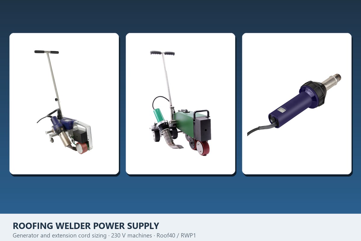 Roofing welder power supply guide: Weldy Roof40 and Weissenberg RWP1 automatic roofing welders with generator and extension cord sizing for a 230 V supply