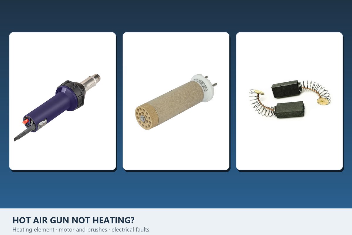 Hot air gun not heating troubleshooting: Weldy energy hot air gun with a replacement heating element and a pair of carbon brushes for the blower motor