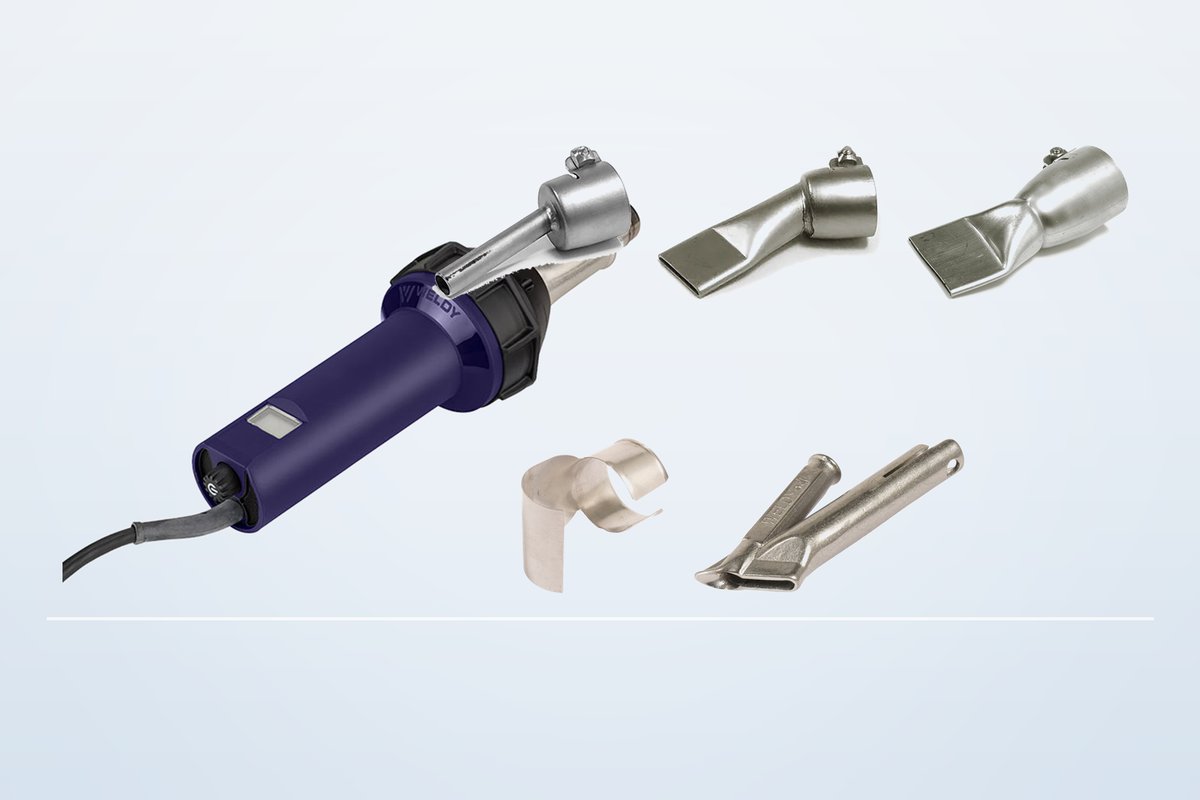 Weldy hot air gun with tubular, wide slot, speed welding and reflector nozzles, and the nozzle connection diameters for the Energy HT1600, HT1600D and HT3400